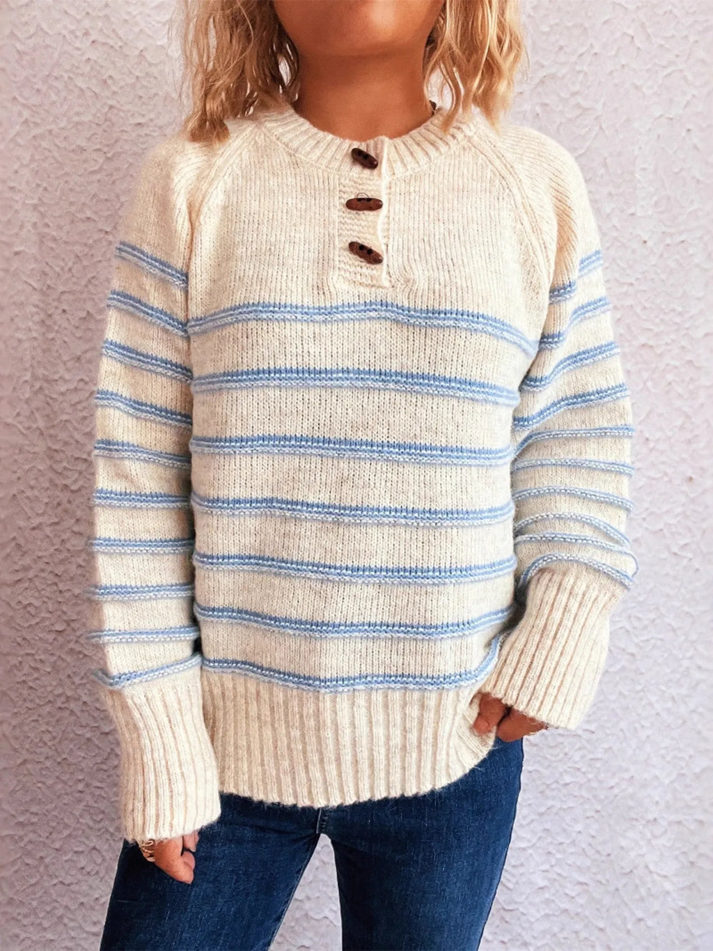 Striped Button Detail Long Sleeve Sweater