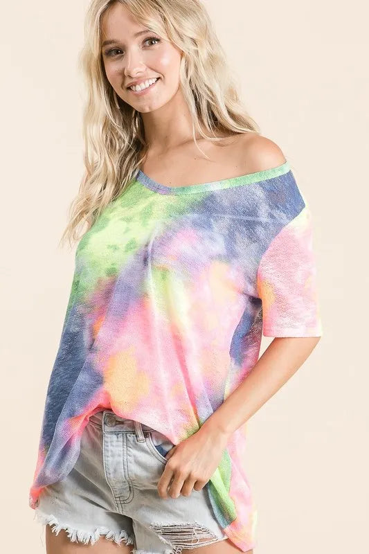 BiBi Tie Dye Print Low Gauge Deep U Neck Top