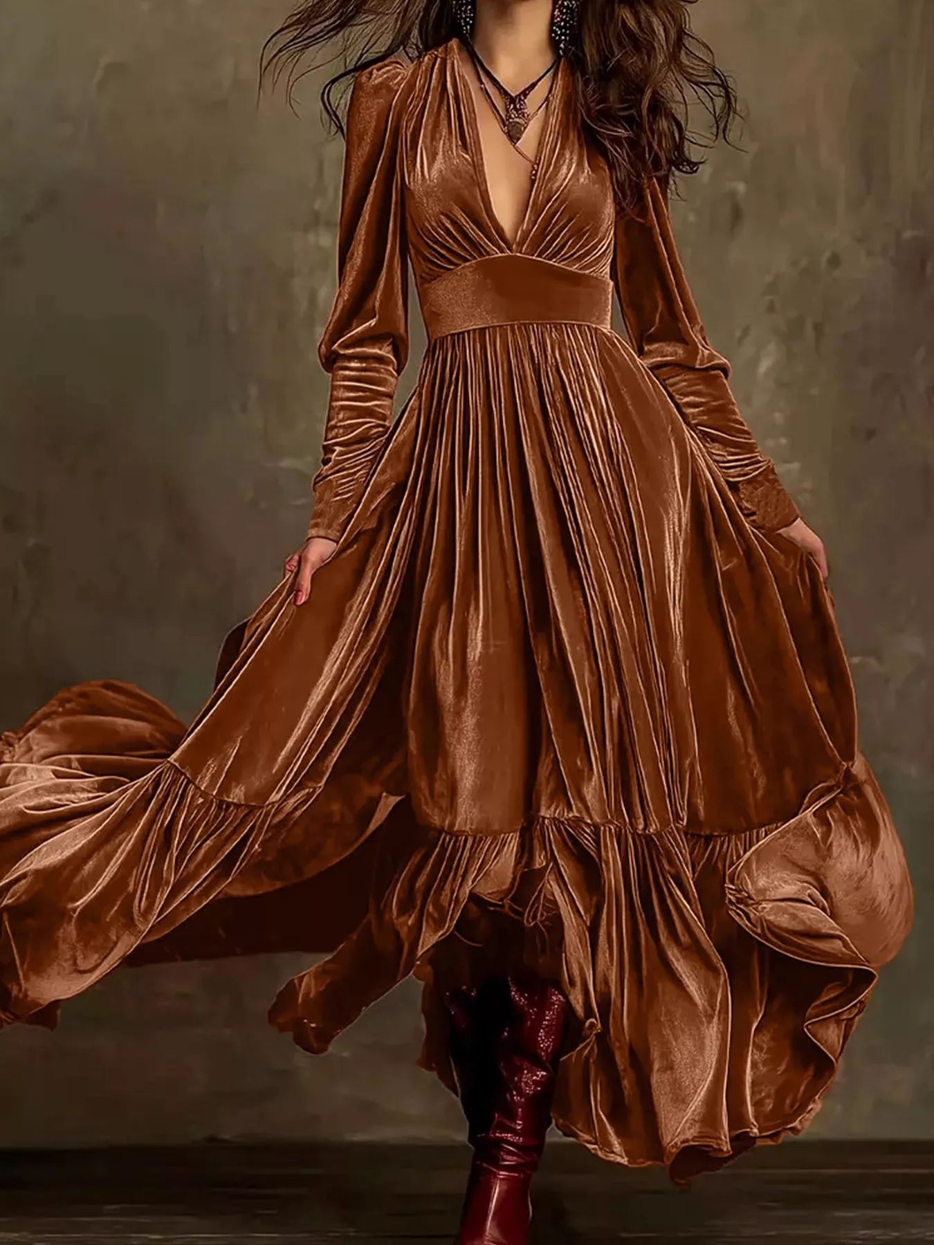 Velvet V-Neck Long Sleeve Ruffled Dress