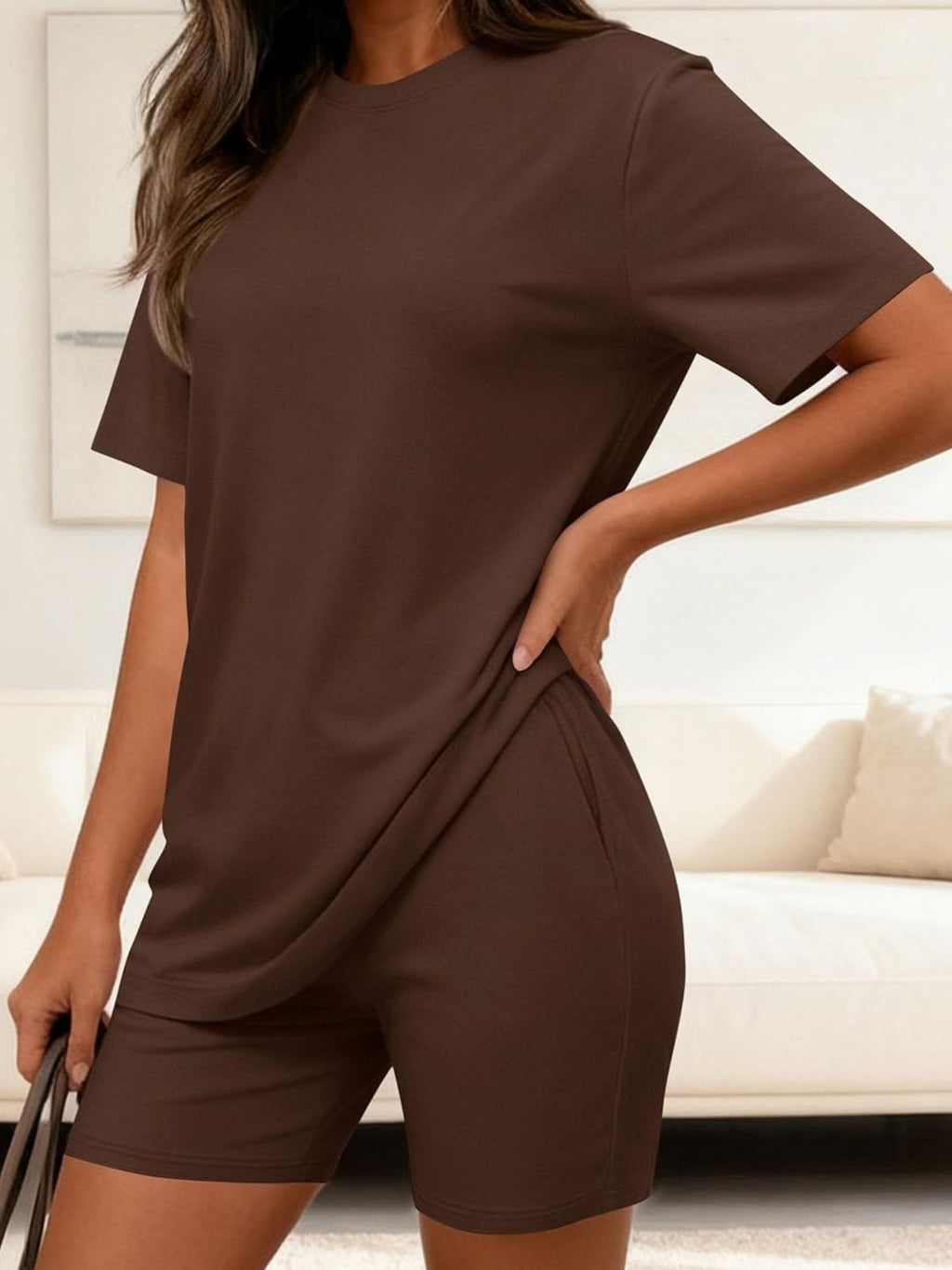 Round Neck Short Sleeve Top and Shorts Set