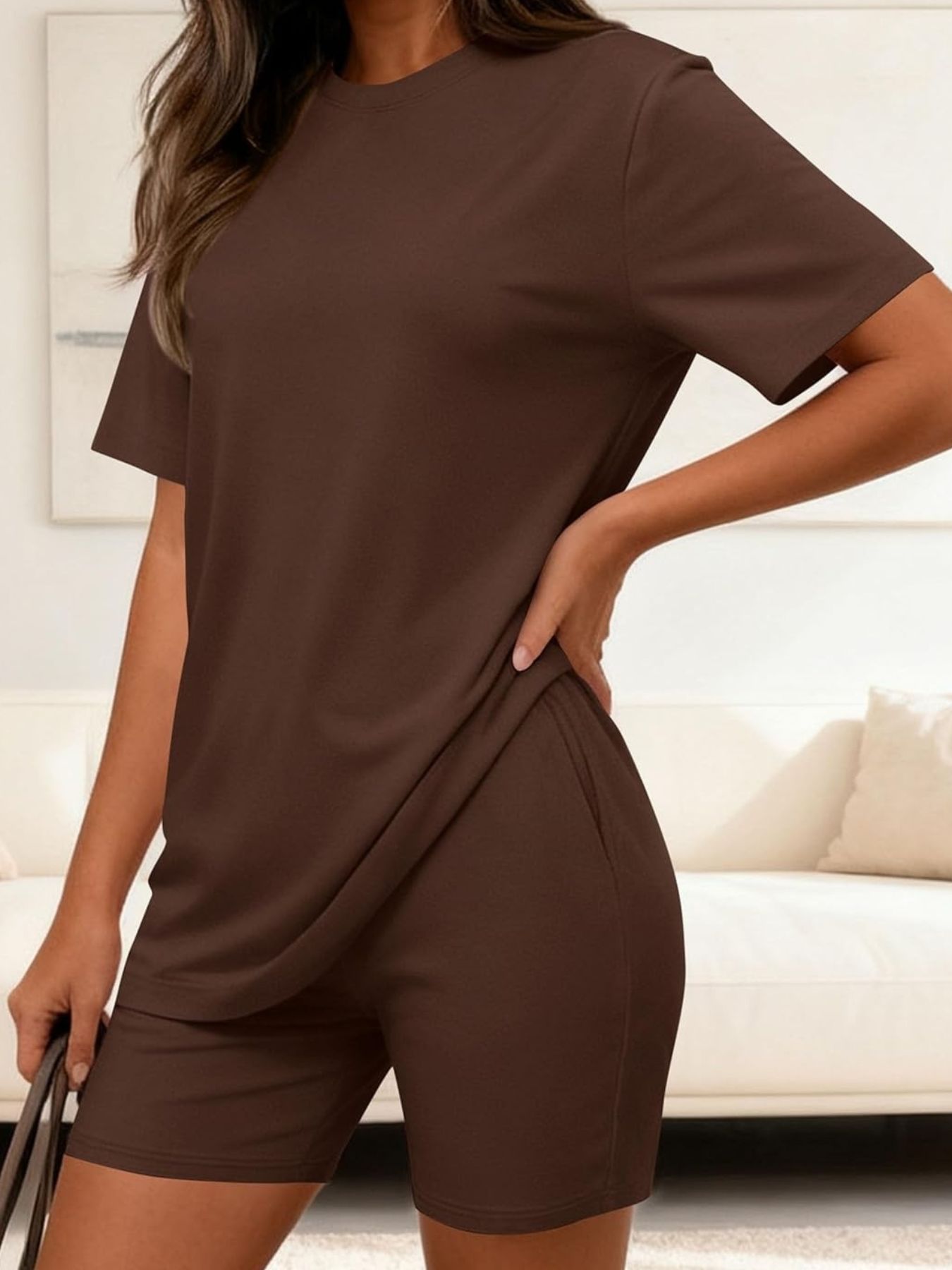 Round Neck Short Sleeve Top and Shorts Set