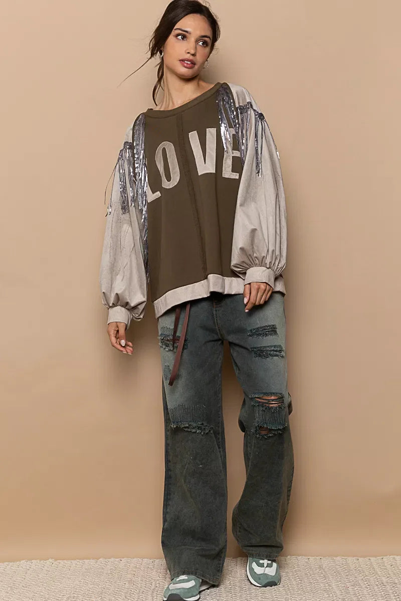 POL Balloon Sleeve French Terry Sweatshirt with Sequin Tassel