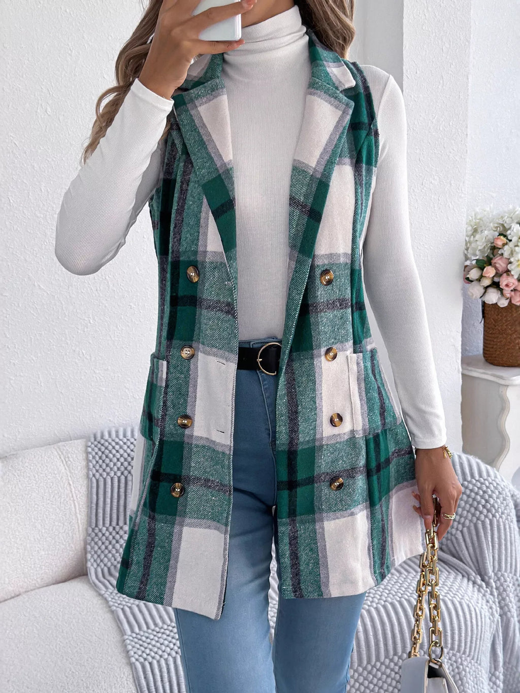 Plaid Double-Breasted Vest Coat