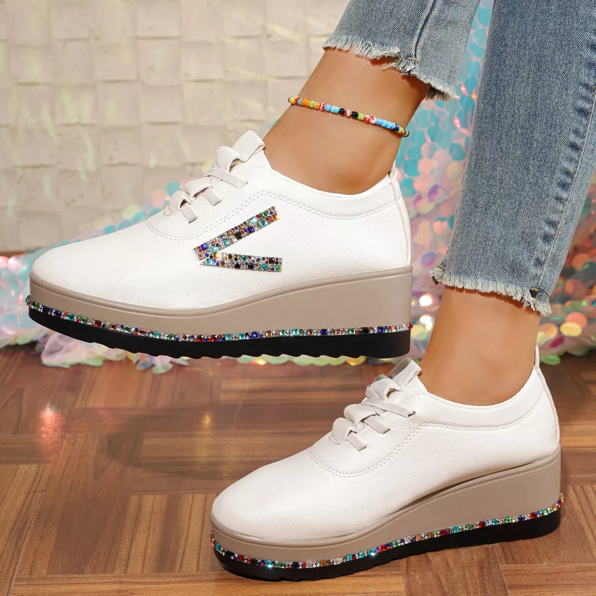 Rhinestone Round Toe Wedge Sneakers