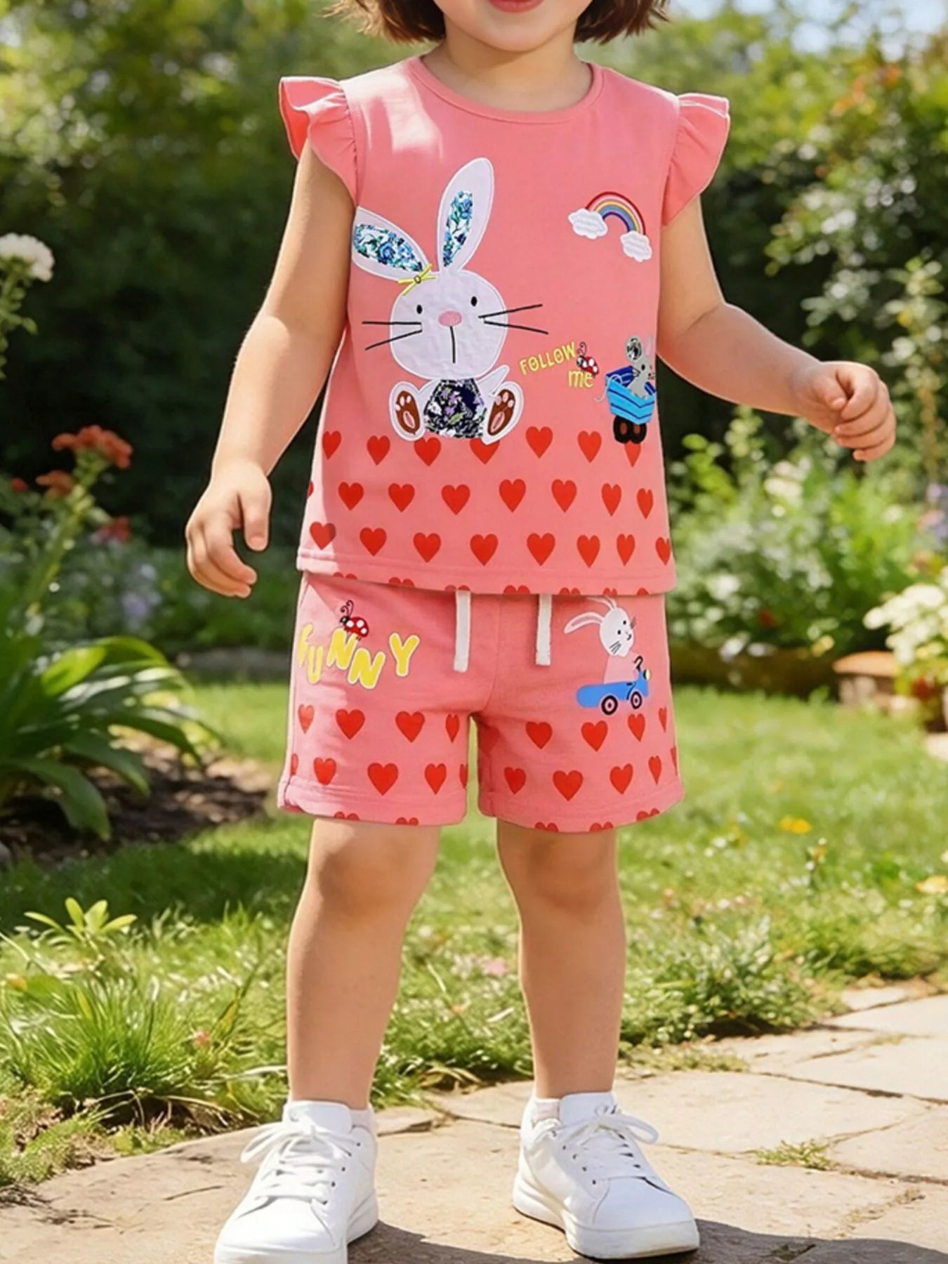 Children's Bunny Heart Print Top and Shorts Set