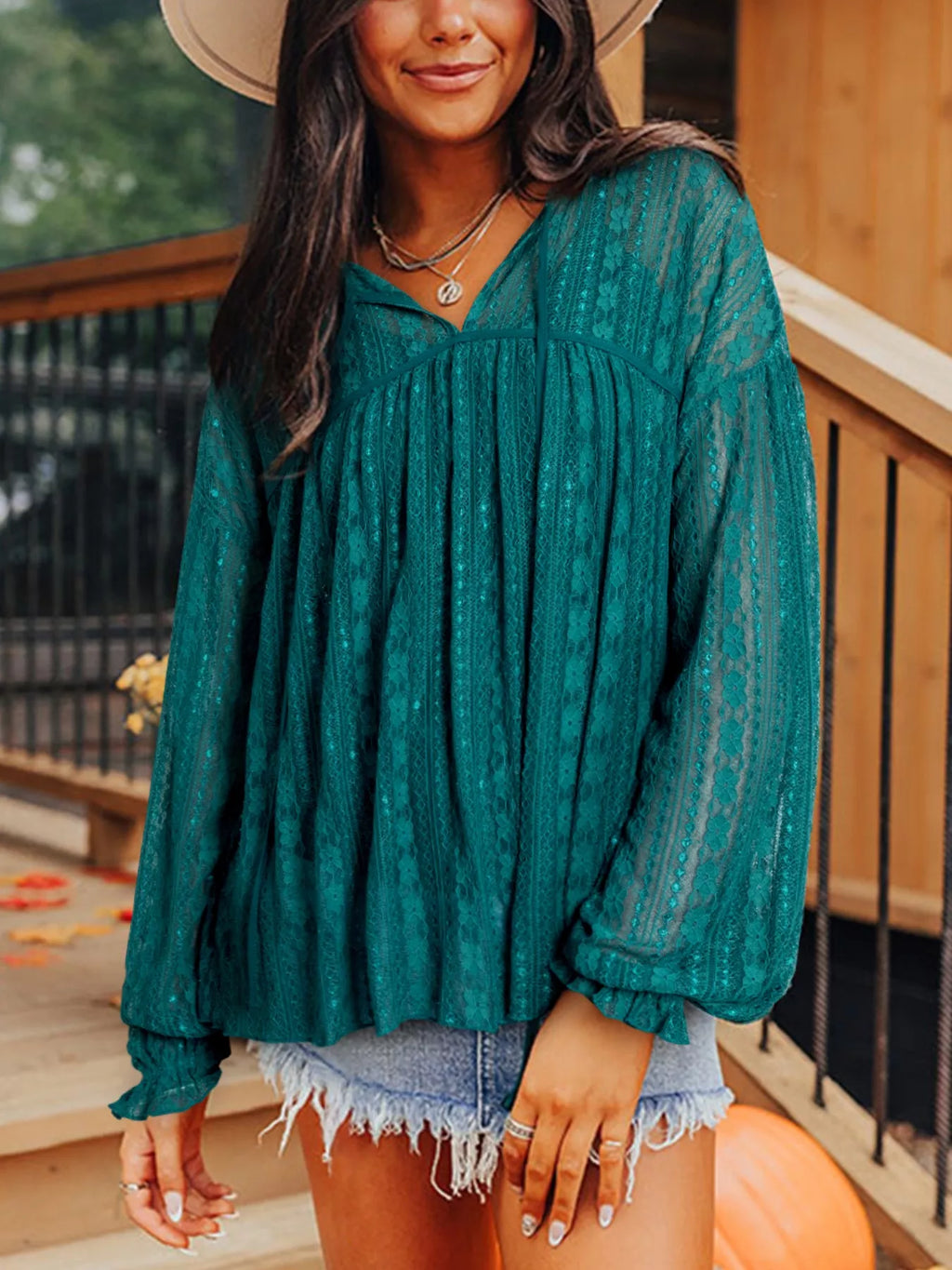 Lace Tie Neck Long Sleeve Blouse