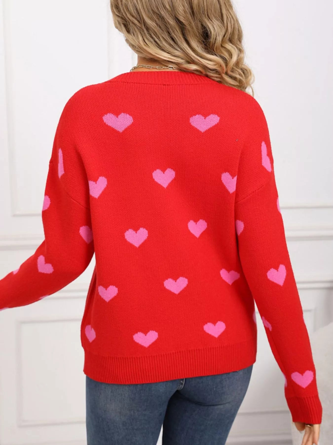 Valentine's Day Heart Pattern Dropped Shoulder Sweater
