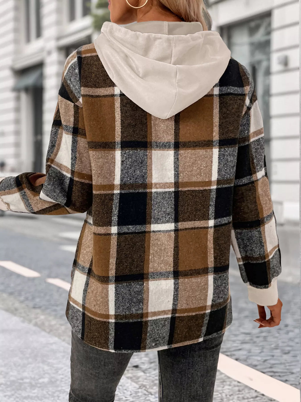 Plaid Drawstring Long Sleeve Hoodie