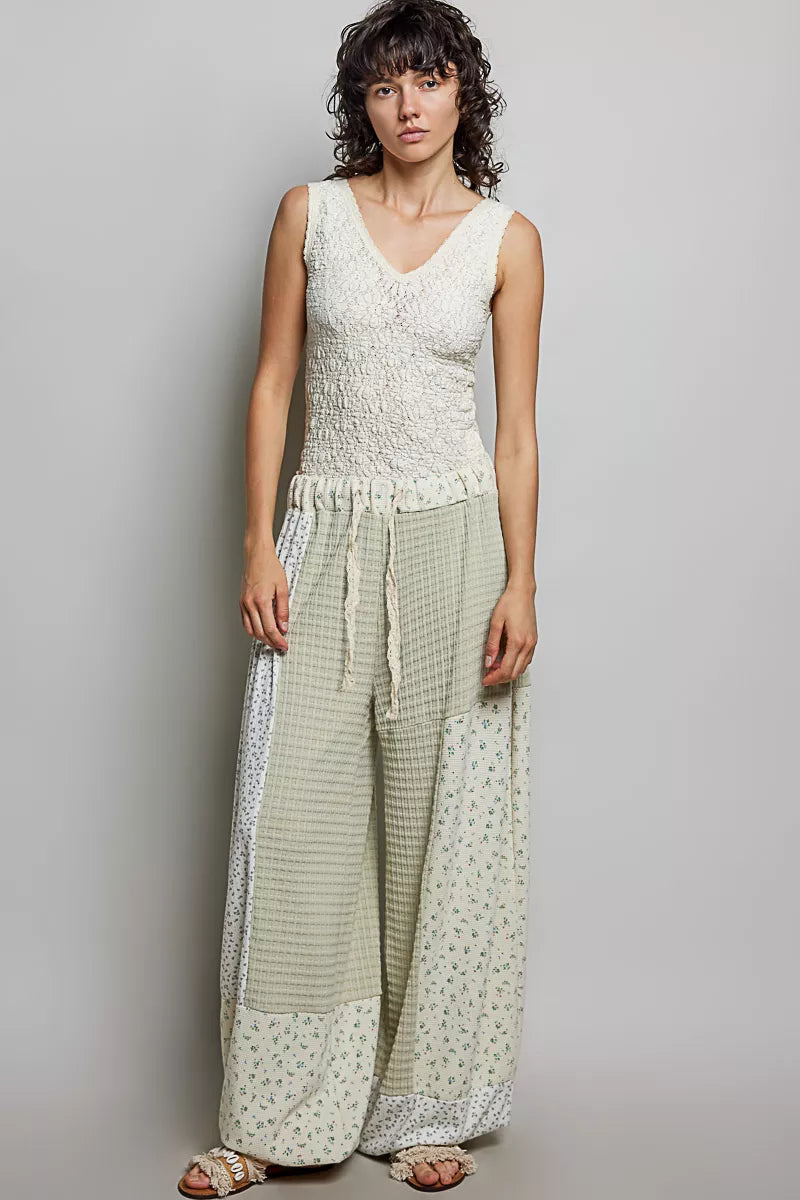 POL Patchwork Mixed Knit Wide Leg Pants