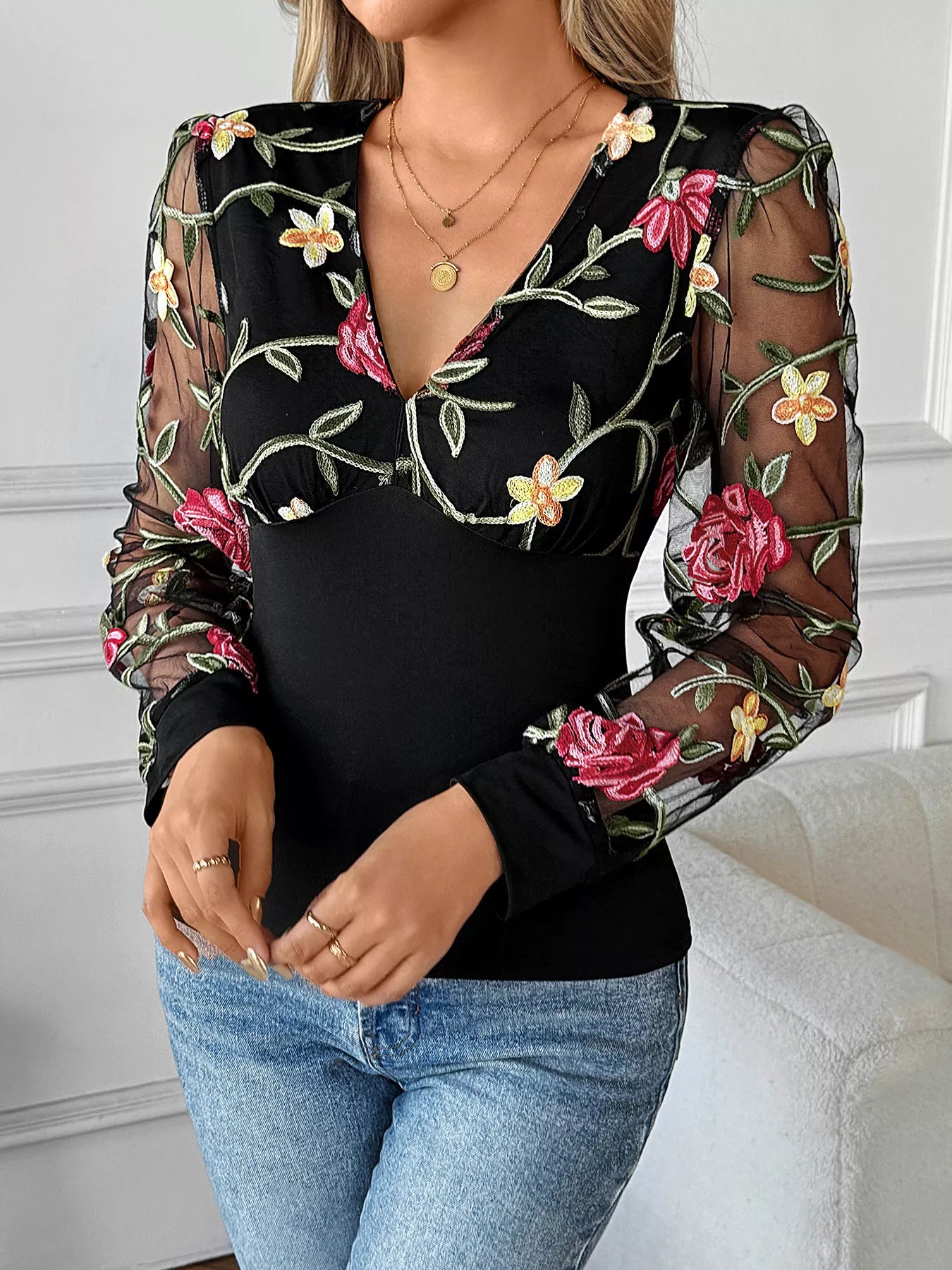 Floral Mesh Sleeve V-Neck Top