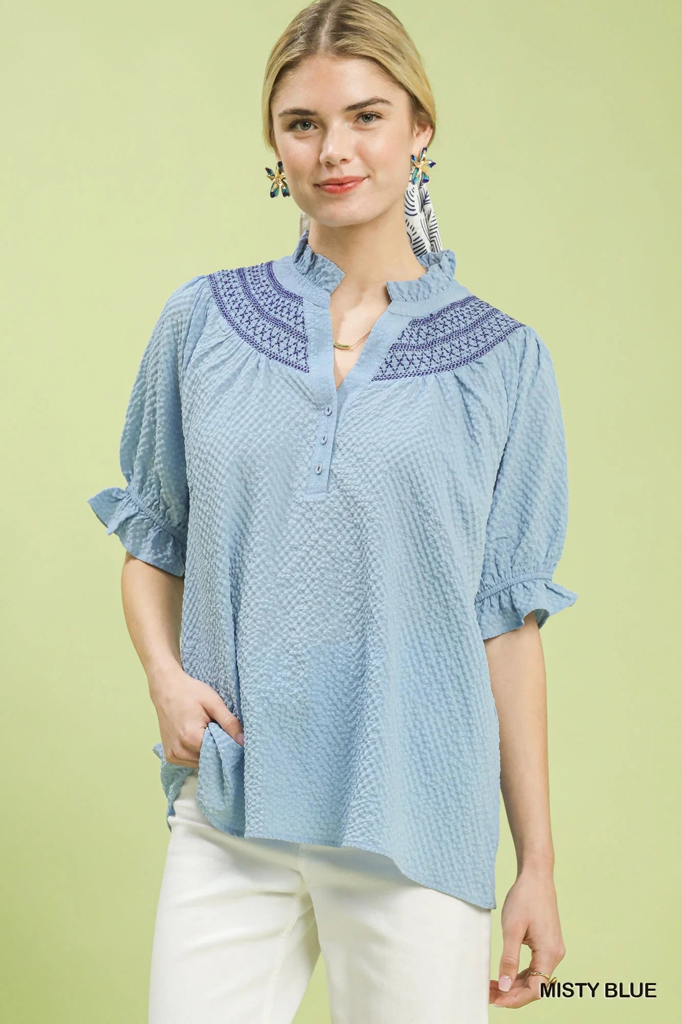 Umgee Textured Henley Blouse with Ruffle Cuffs