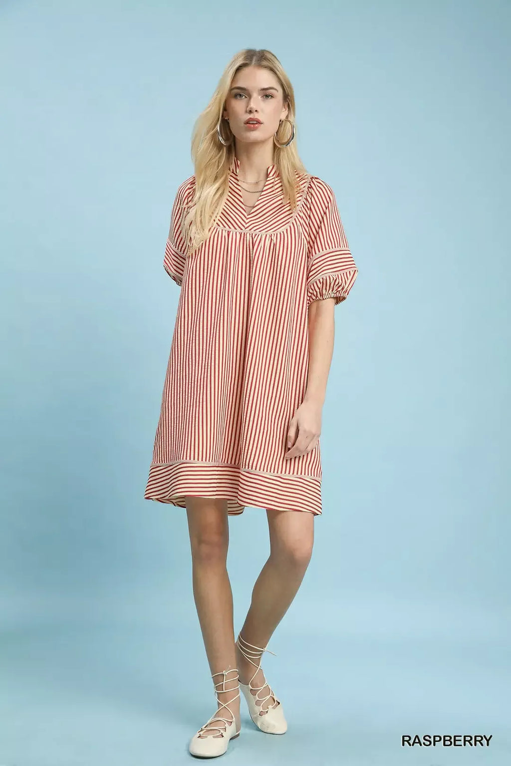 Umgee Striped Puff Sleeve Shift Dress