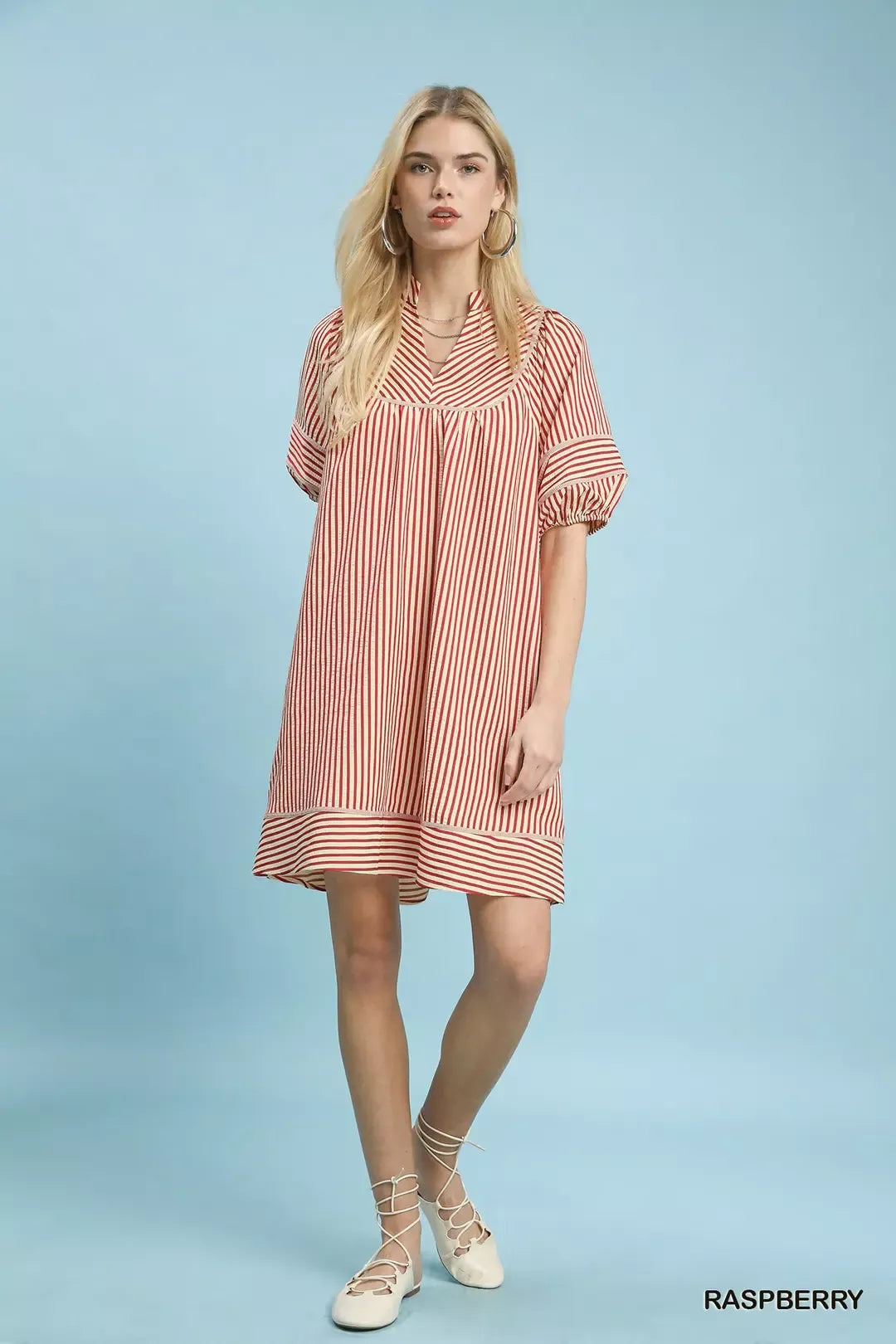 Umgee Striped Puff Sleeve Shift Dress