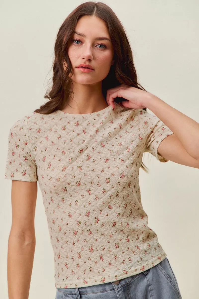 SO ME Floral Print Lace Short Sleeves Layering Knit Top