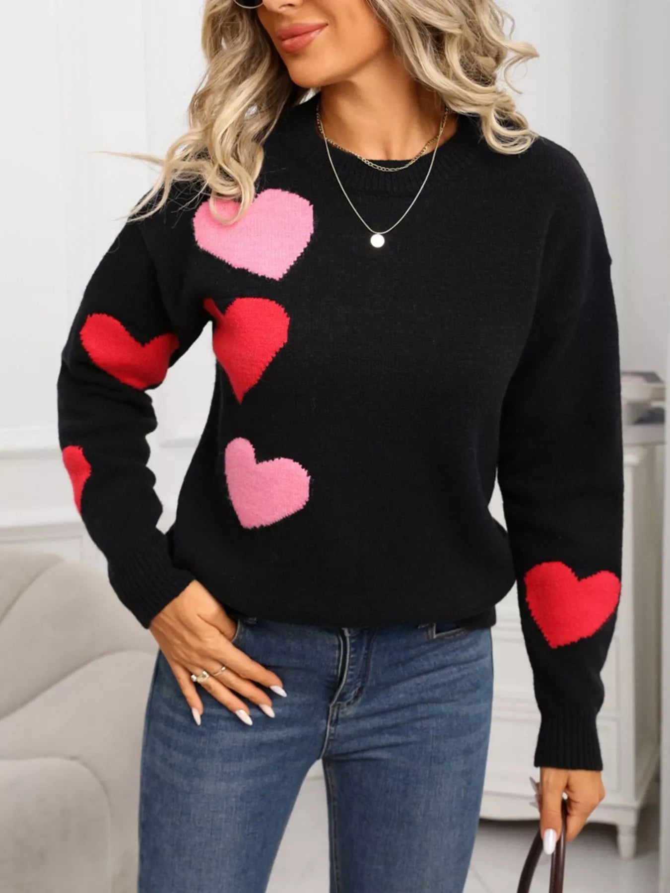 Valentine's Day Heart Pattern Round Neck Sweater