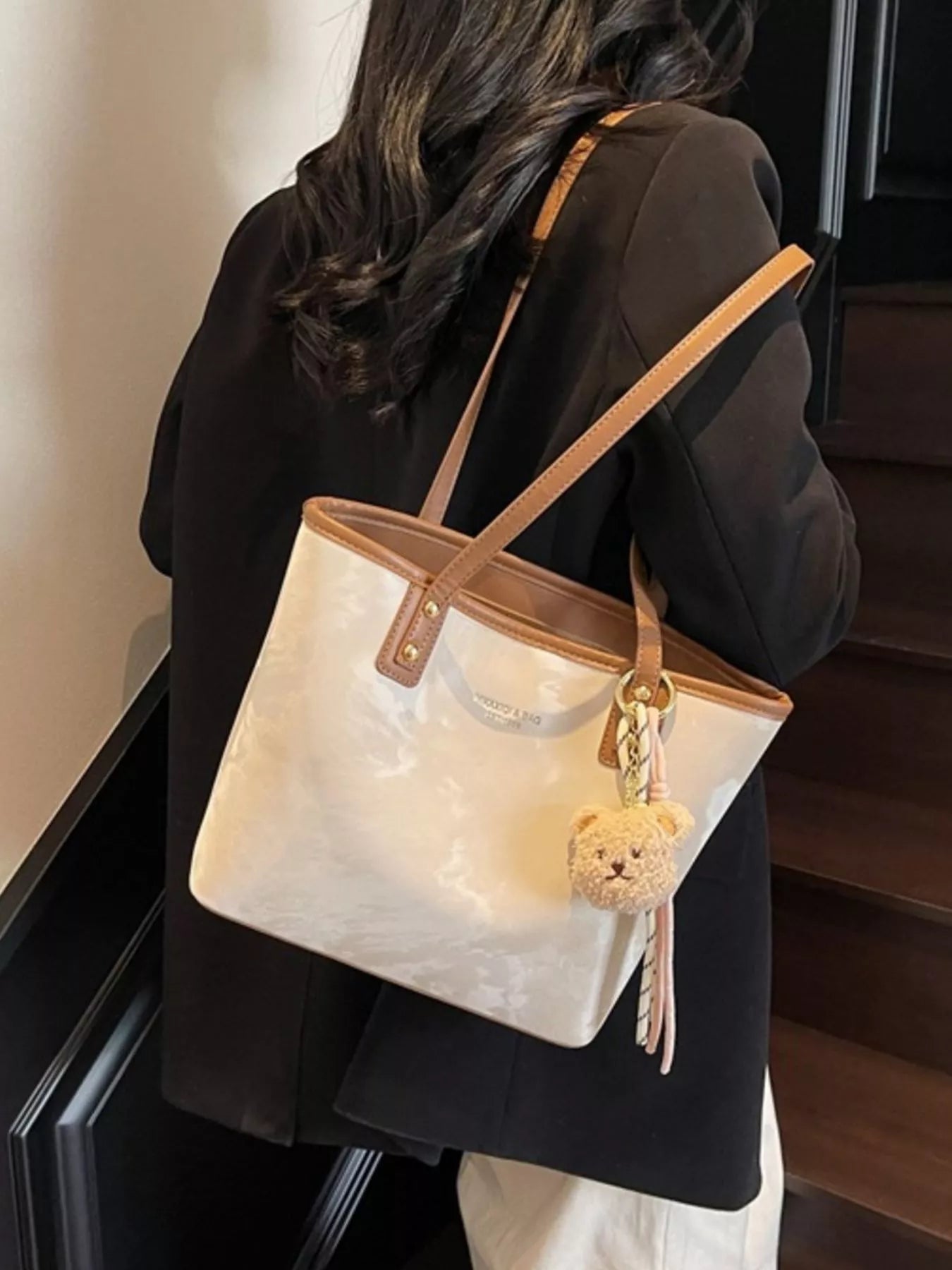 Tote Shoulder Bag with Bear Charm