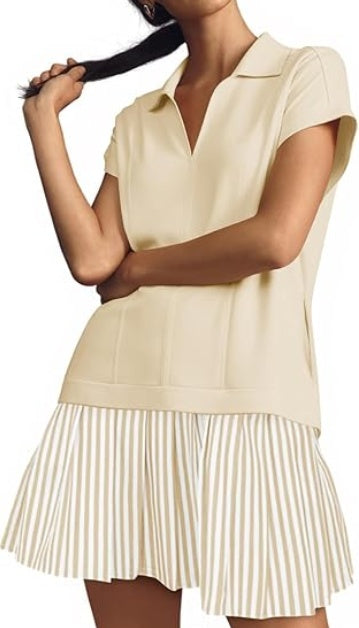Fisoew Striped Patchwork Polo V‑Neck Mini Dress with Pockets