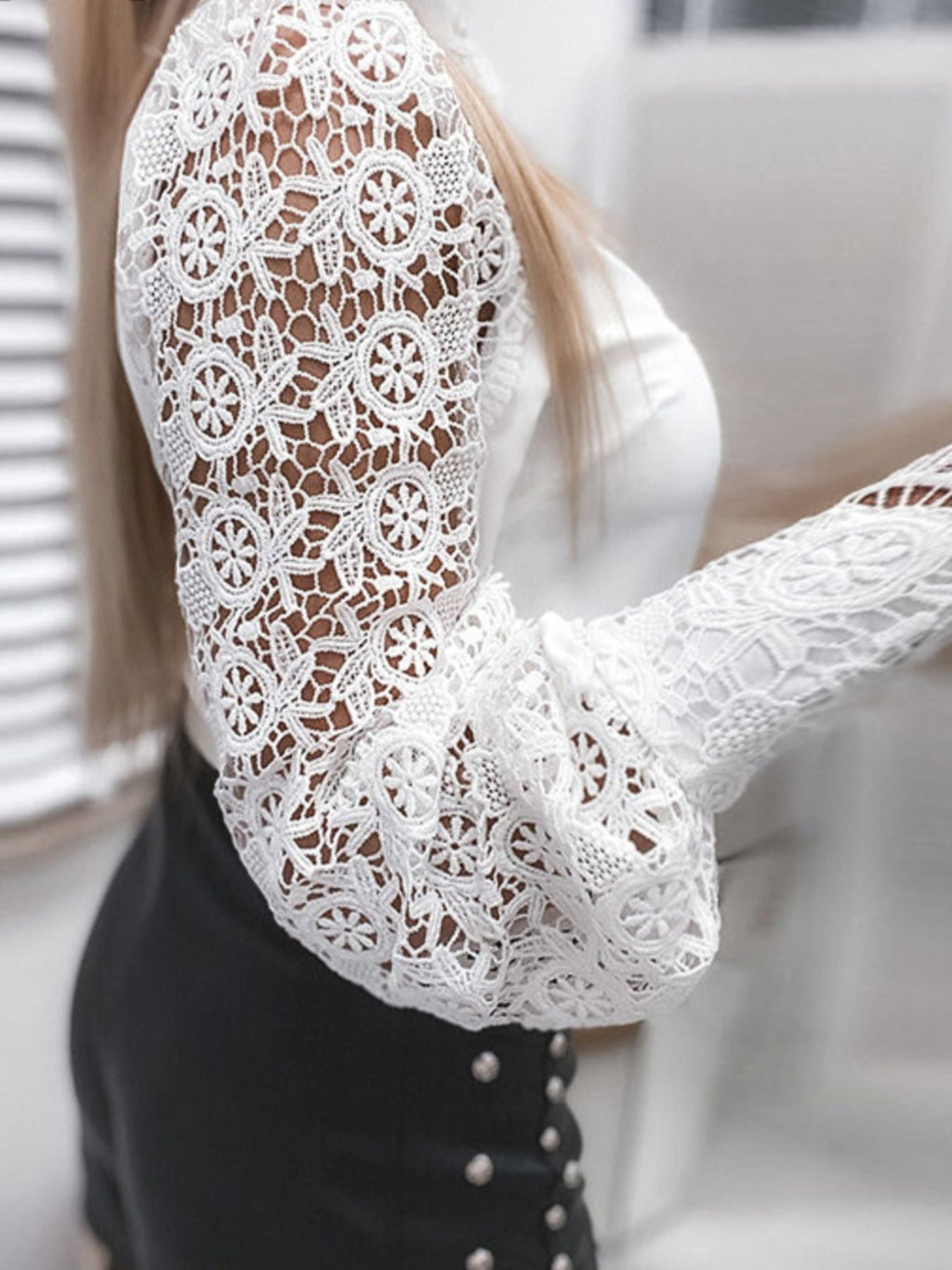 Elegant Lace Detail Long Sleeve Button Down Shirt
