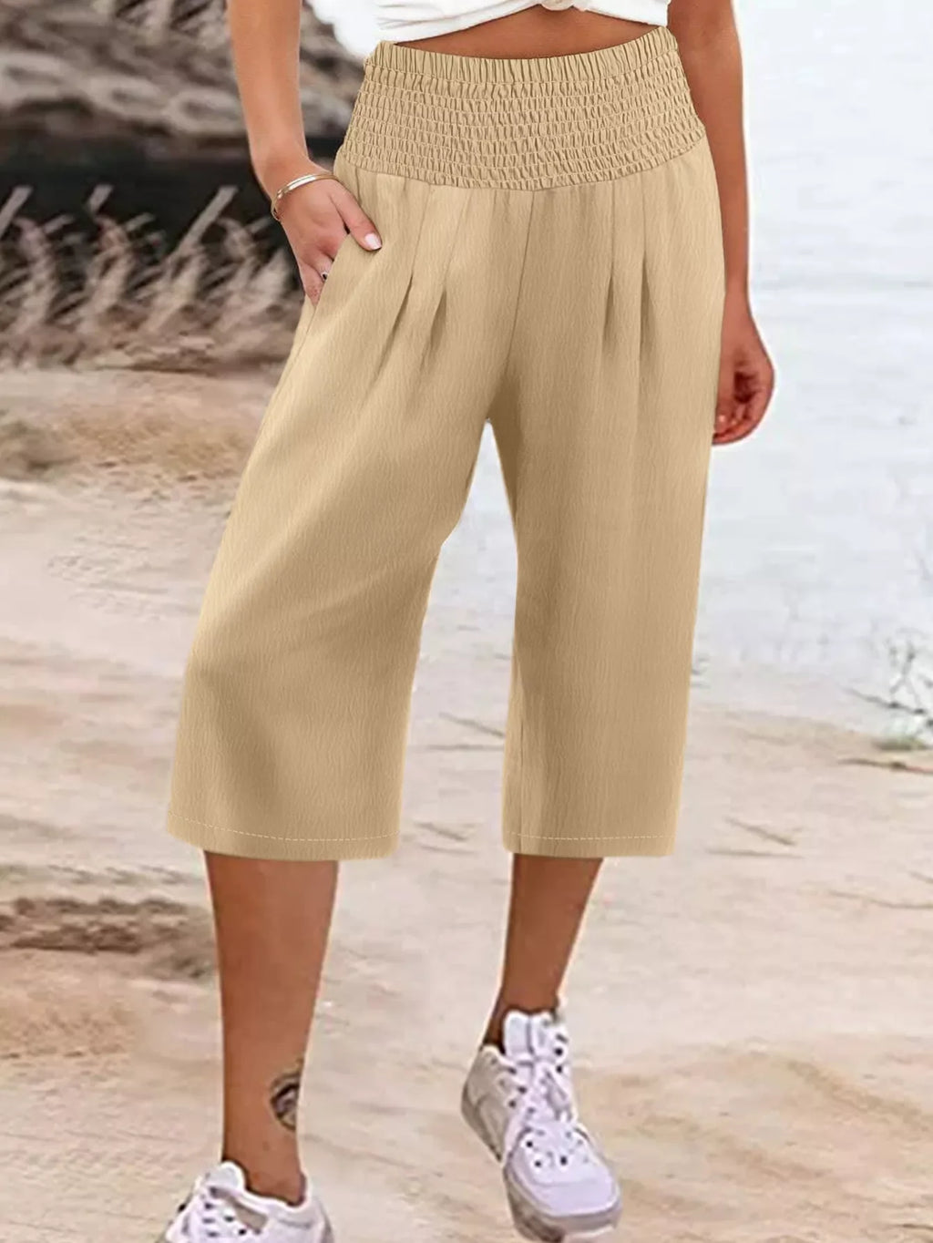 Plus Size Smocked Waist Cropped Wide Leg Pants