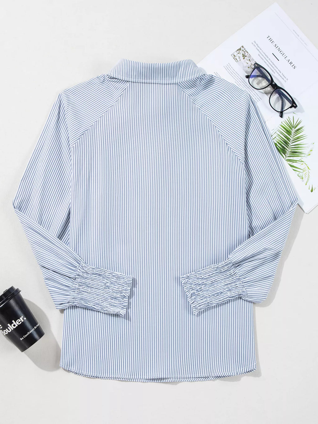 Pinstripe Long Sleeve Smocked Cuffs Button Shirt Collar Blouse