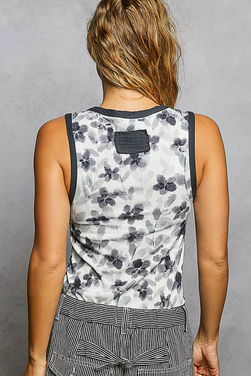 POL Floral Round Neck Cropped Ribbed Tank