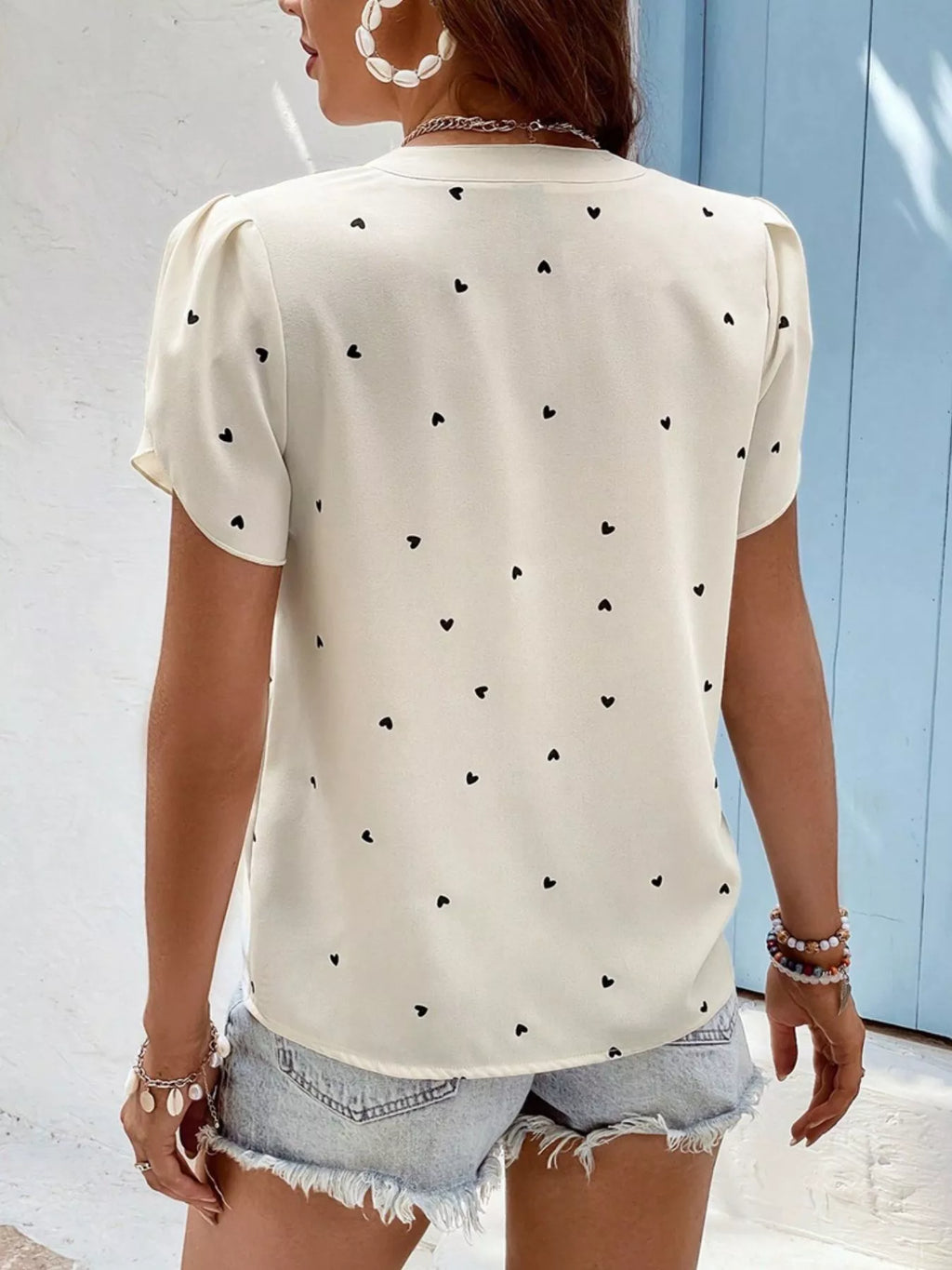 Heart Print Petal Sleeve Blouse