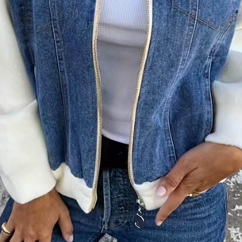 Women's Denim Patchwork Zip-Up Jacket