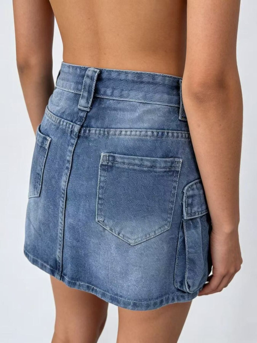 Washed Cargo Denim Skirt