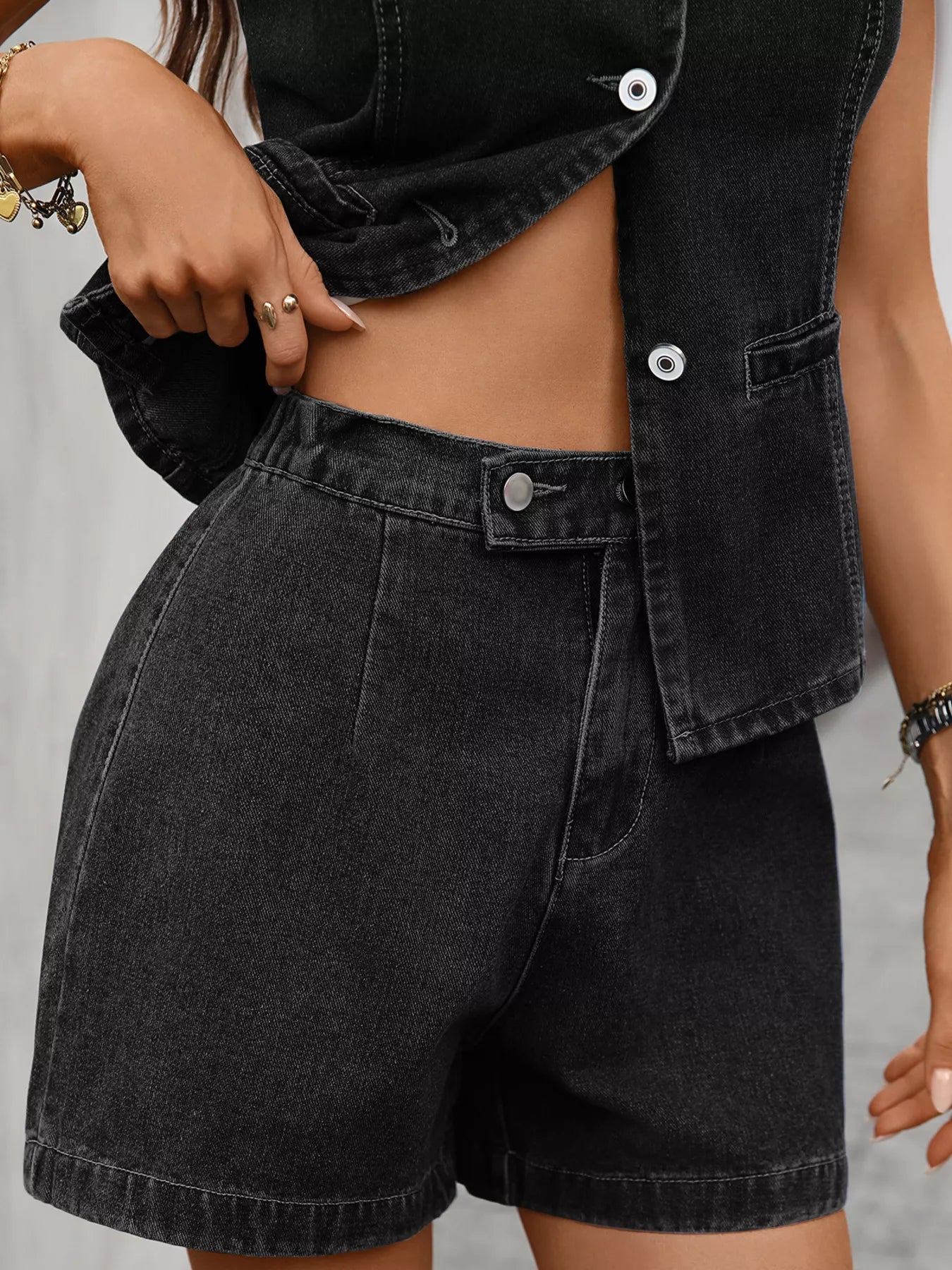 Sleeveless Button-Down Denim Vest & Shorts Set