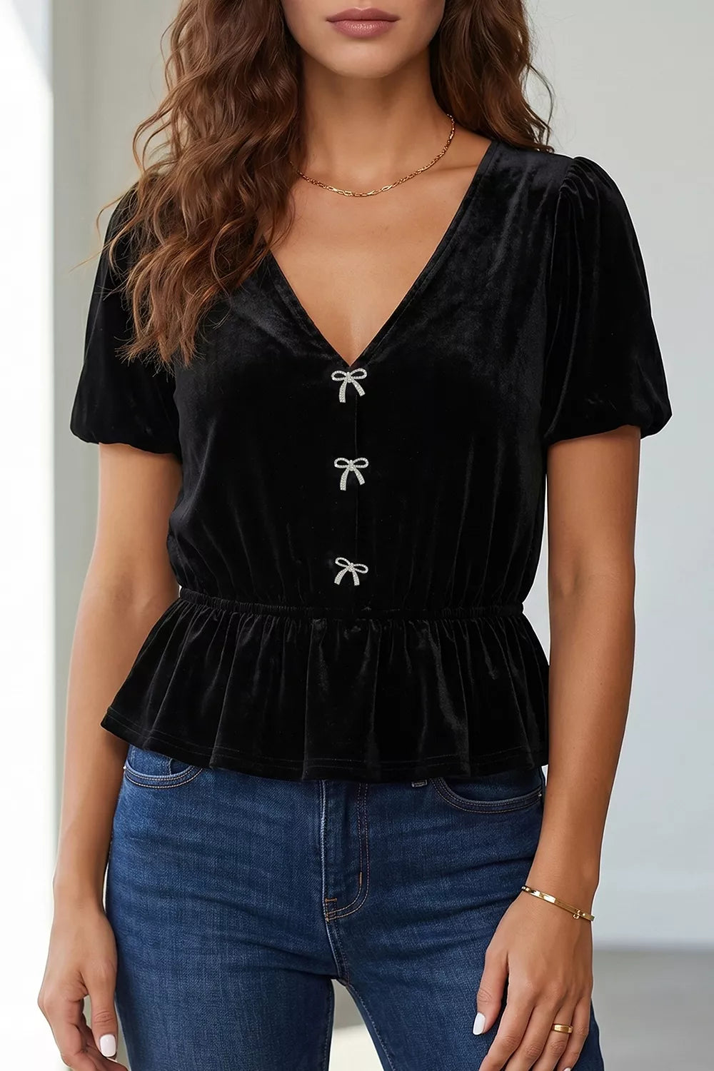 V Neck Bow Decoration Peplum Hem Shift Silhouette Short Sleeve Blouse