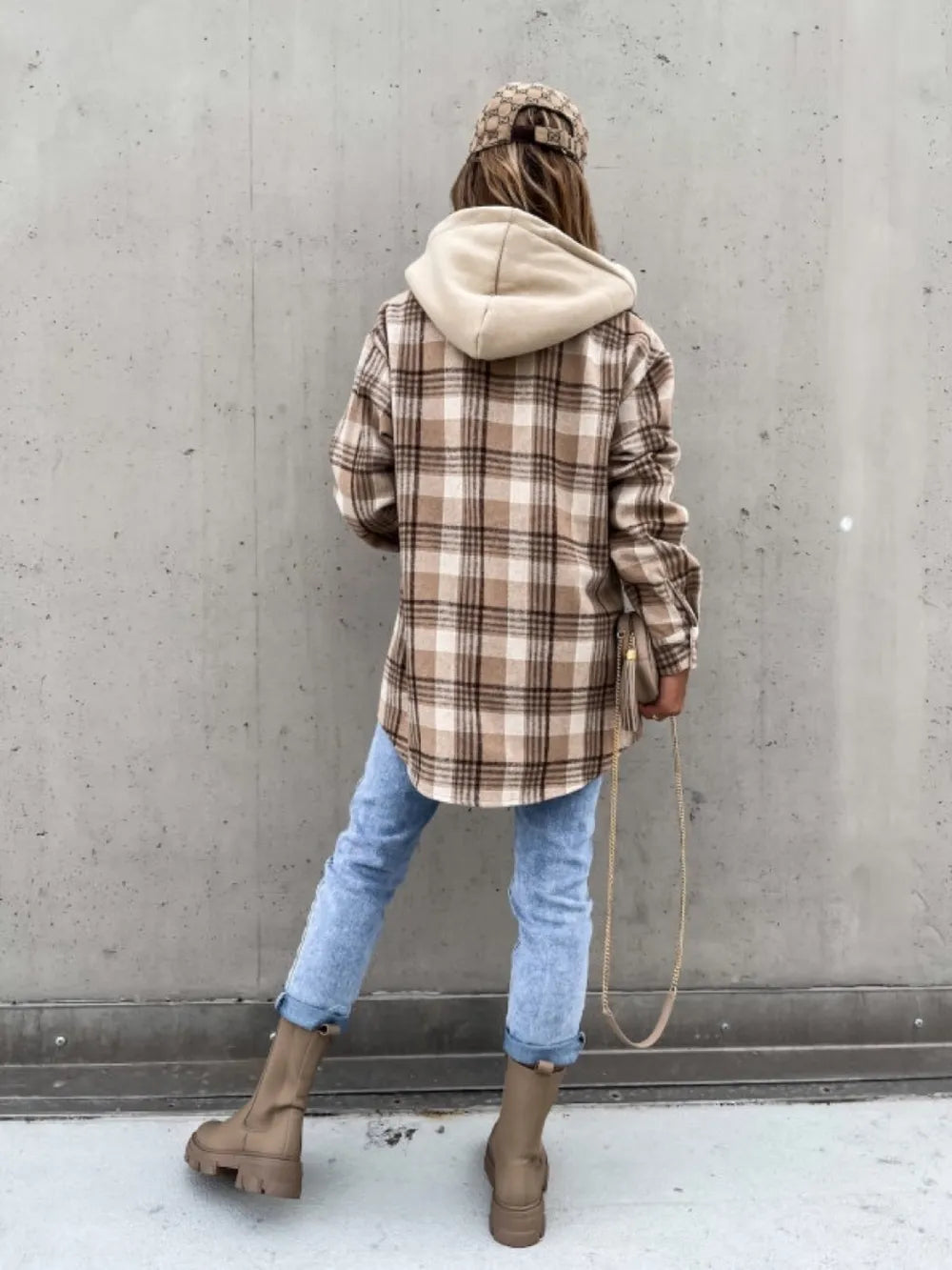 Plaid Dropped Shoulder Hooded Jacket