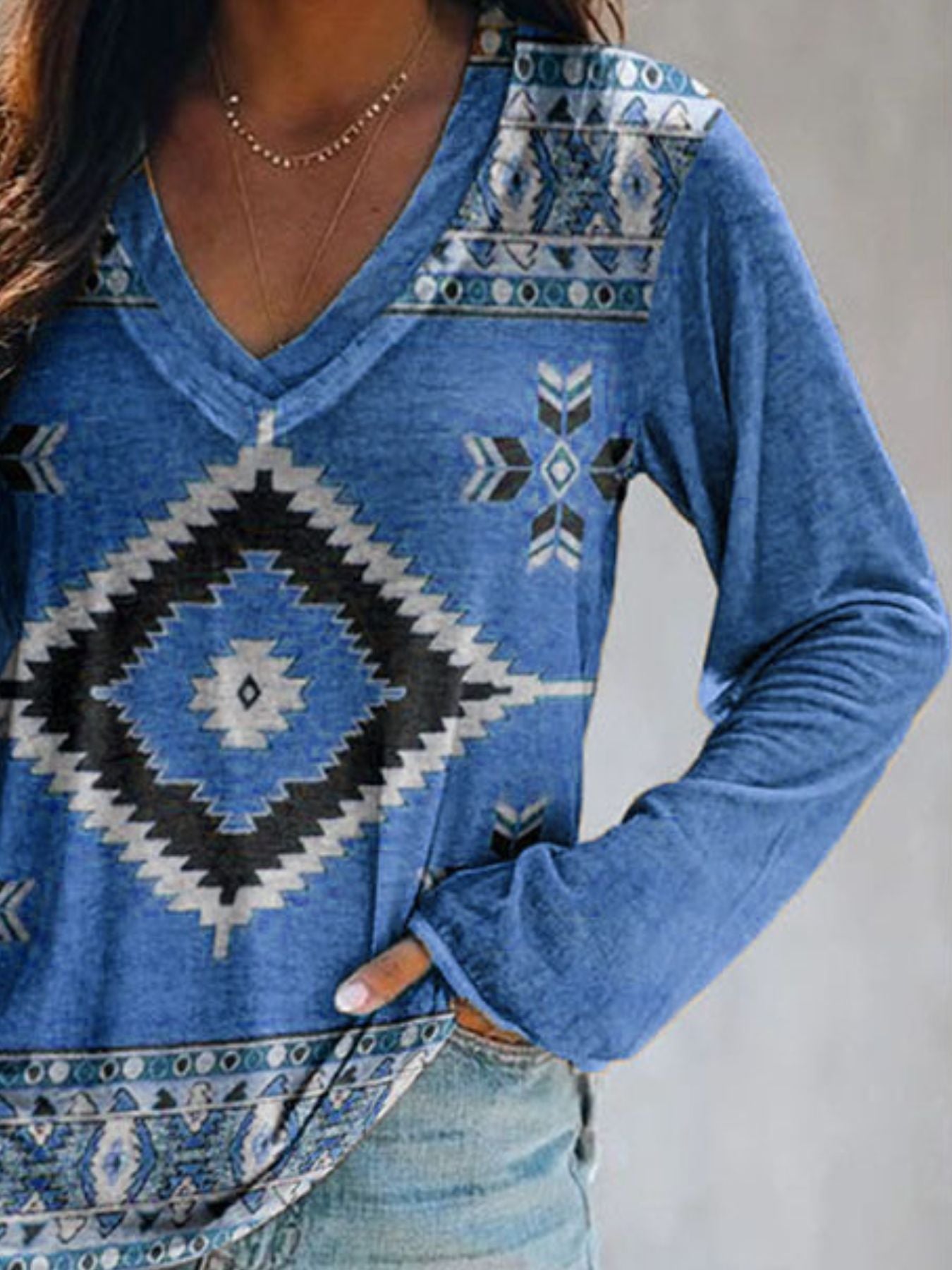 Full Size Geometric V-Neck Long Sleeve T-Shirt Plus Size