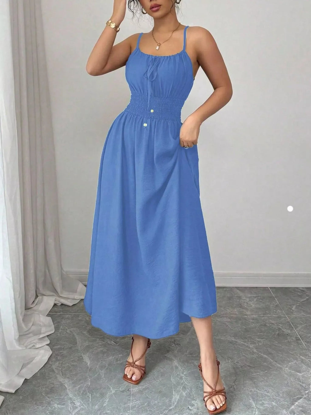 Smocked Spaghetti Strap Midi Dress