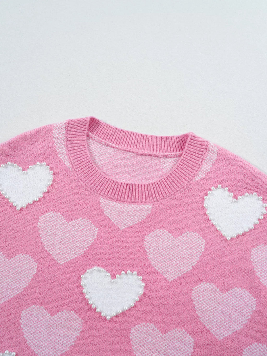 Pearled Heart Print Valentines Crew Neck Sweater