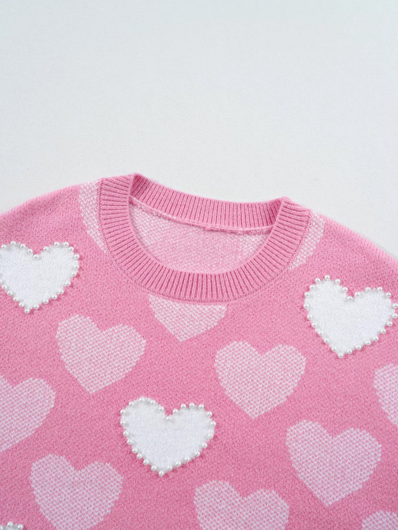 Pearled Heart Print Valentines Crew Neck Sweater