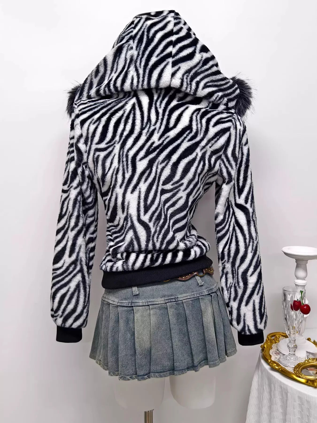 Zebra Faux Fur Hooded Zip-Up Outerwear