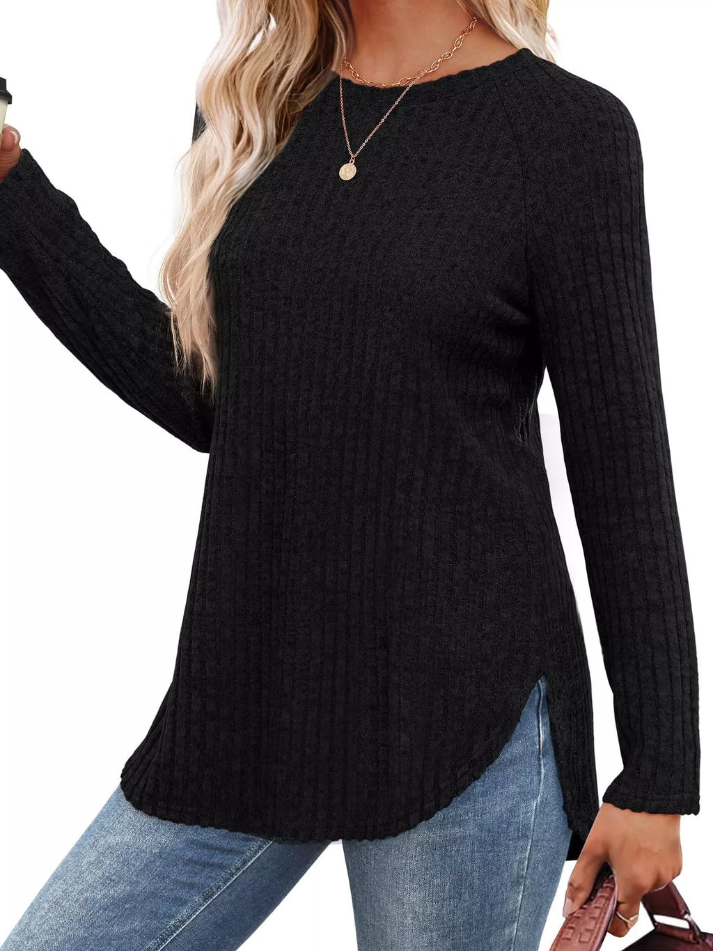 Ribbed Knit Long Sleeve T-Shirt