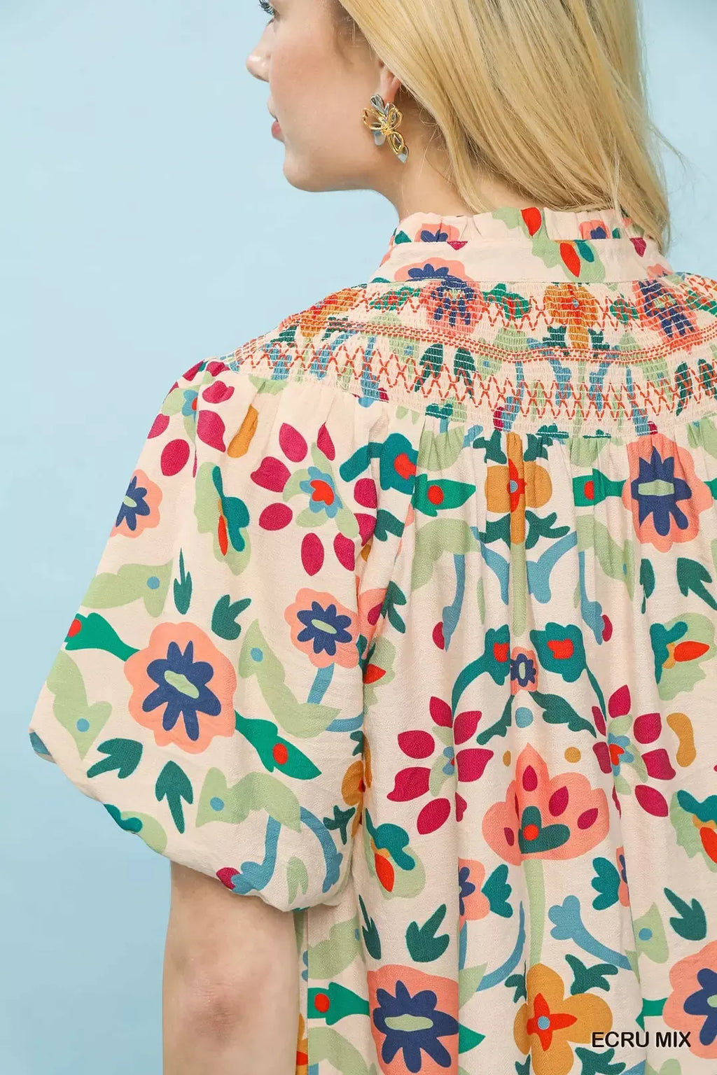 Umgee Folk Art Print Top with Smocked Detail