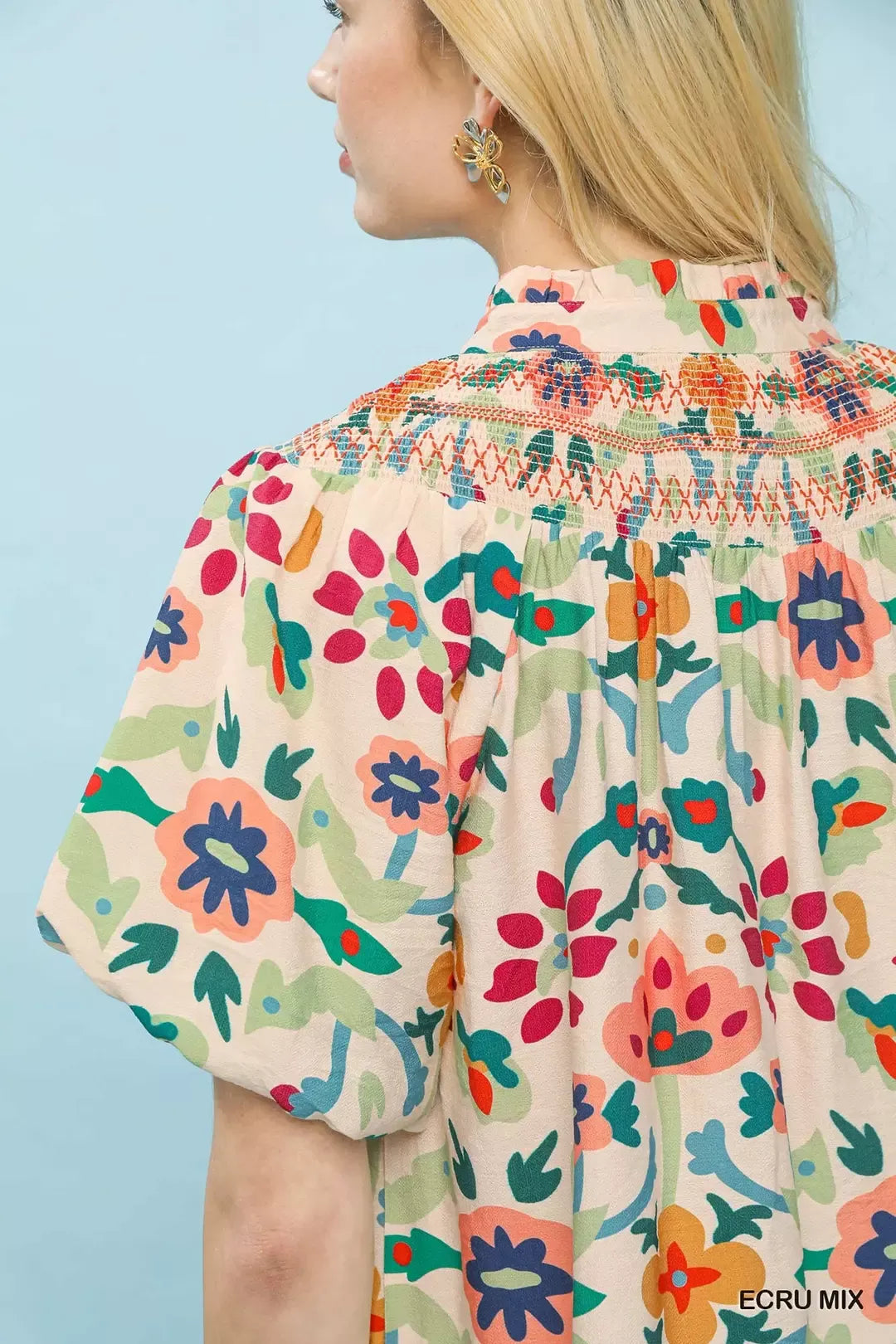 Umgee Folk Art Print Top with Smocked Detail