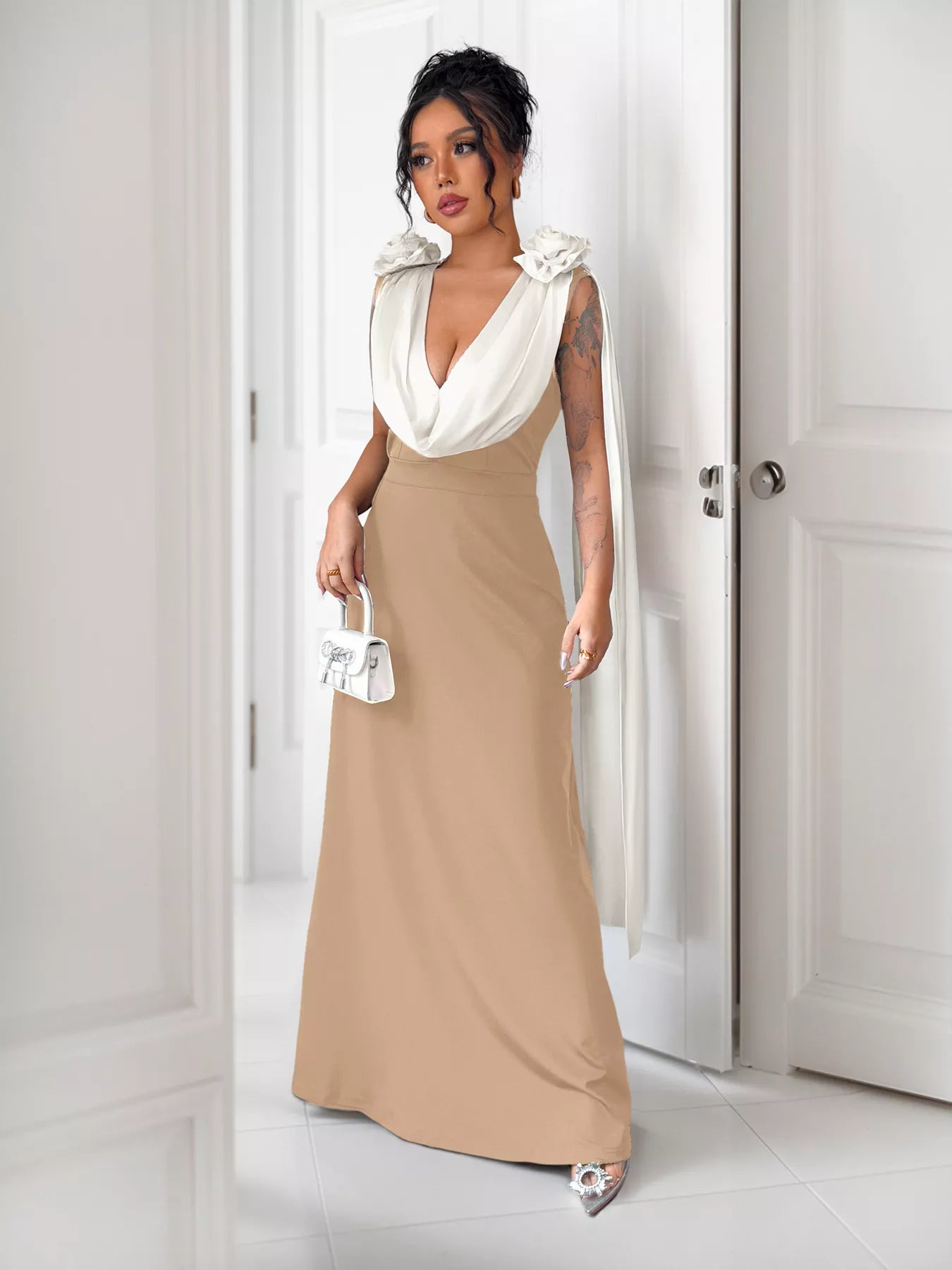 Floral Applique Two Tone Maxi Dress