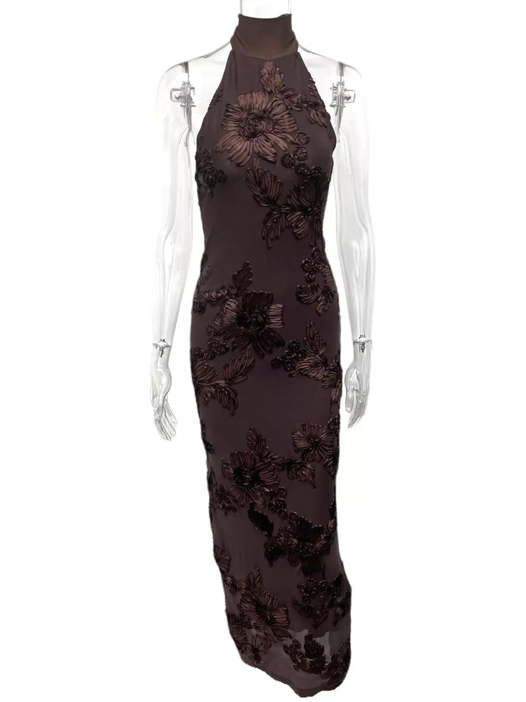 Floral Applique Halter Neck Maxi Dress