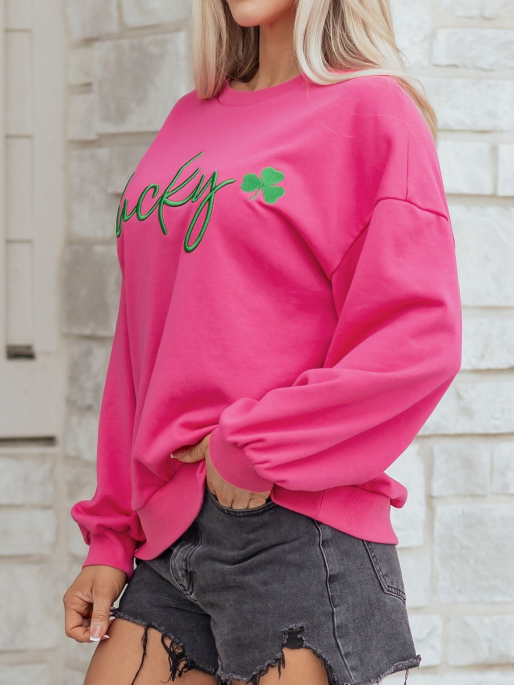 Lucky Clover Embroidered Loose Pullover Sweatshirt