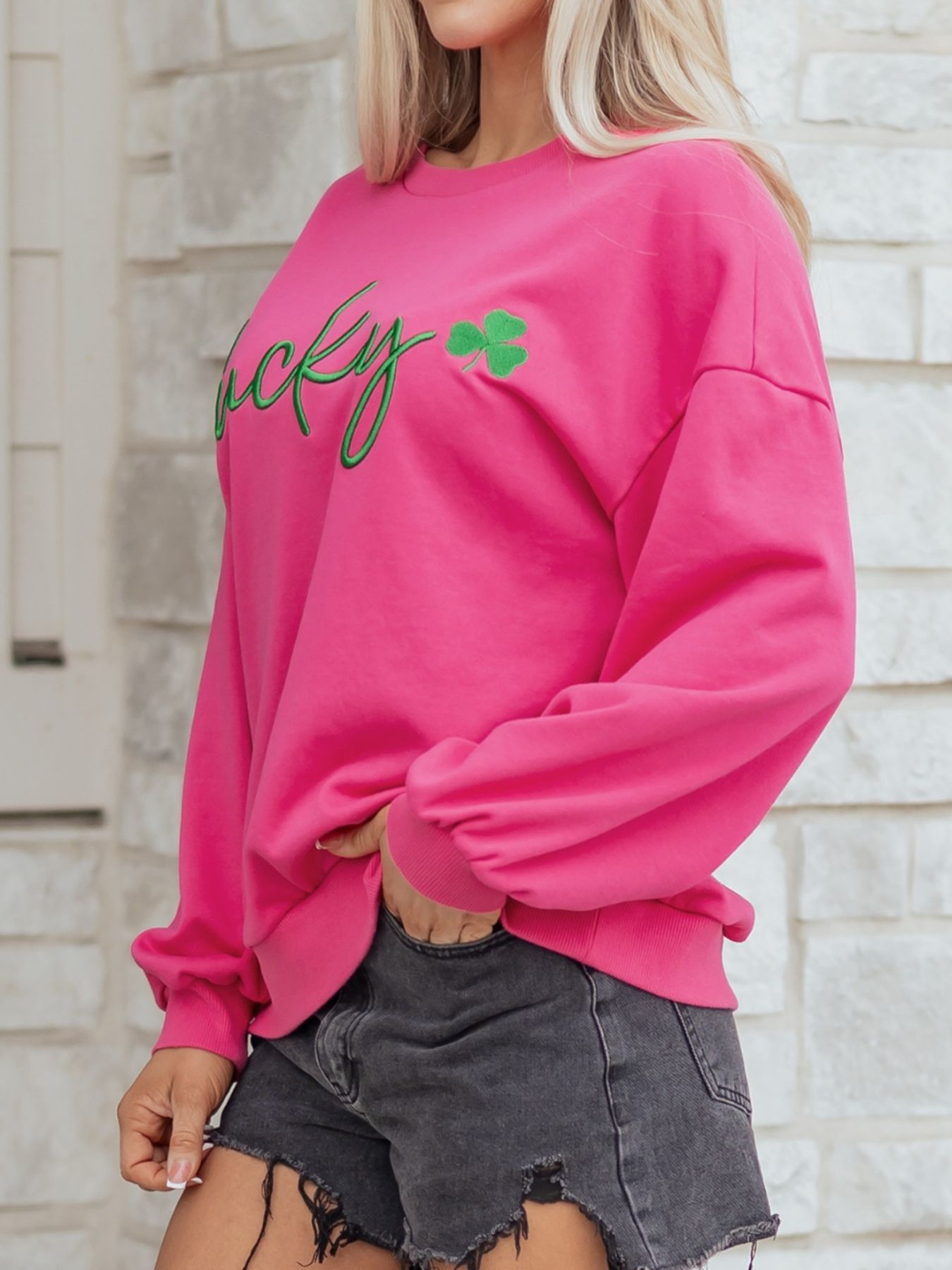 Lucky Clover Embroidered Loose Pullover Sweatshirt
