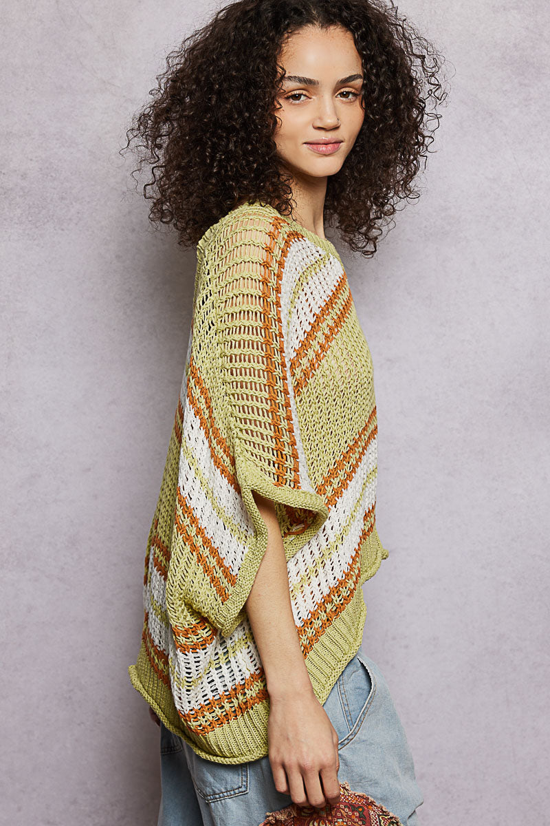 POL Openwork Lightweight Striped V-Neck Knit Top