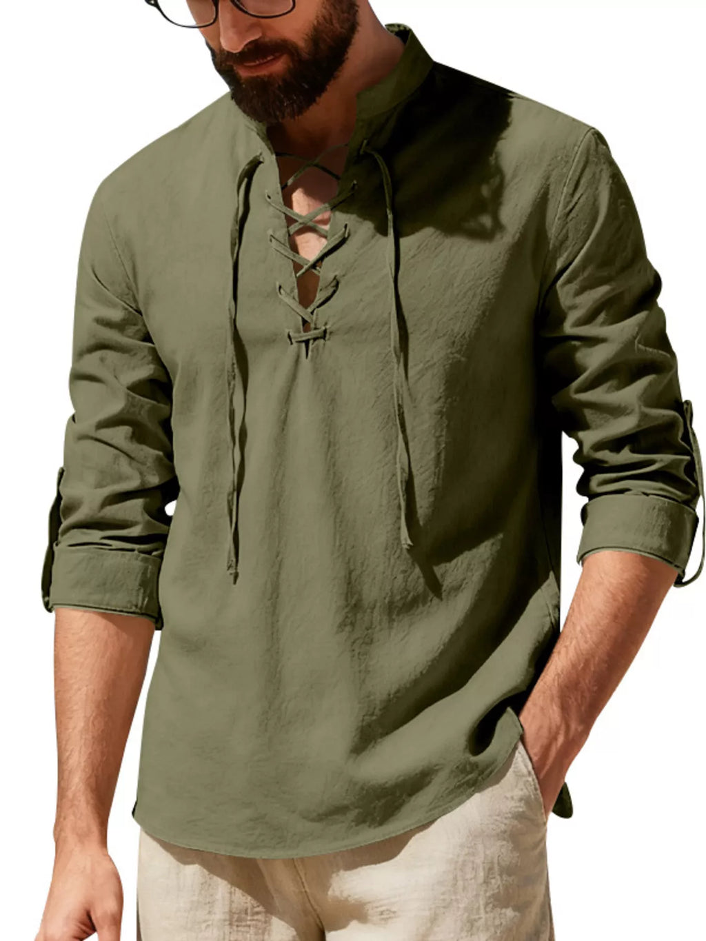 Men's Full Size Casual Lace-Up Linen Shirt Plus Size
