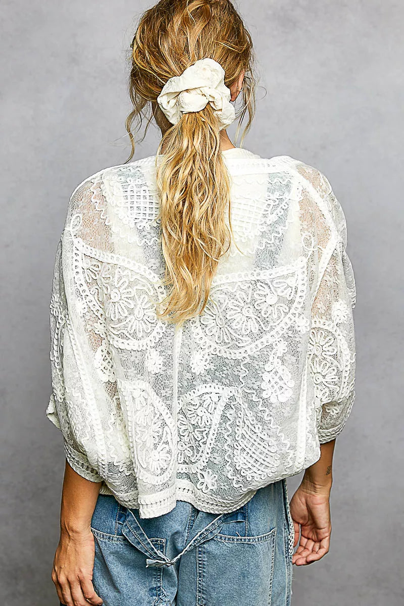 POL Open Front Crochet Cardigan with Floral Embroidery