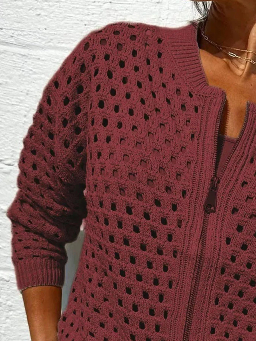 Full Size Zip Up Long Sleeve Cardigan with Eyelet Detail Plus Size