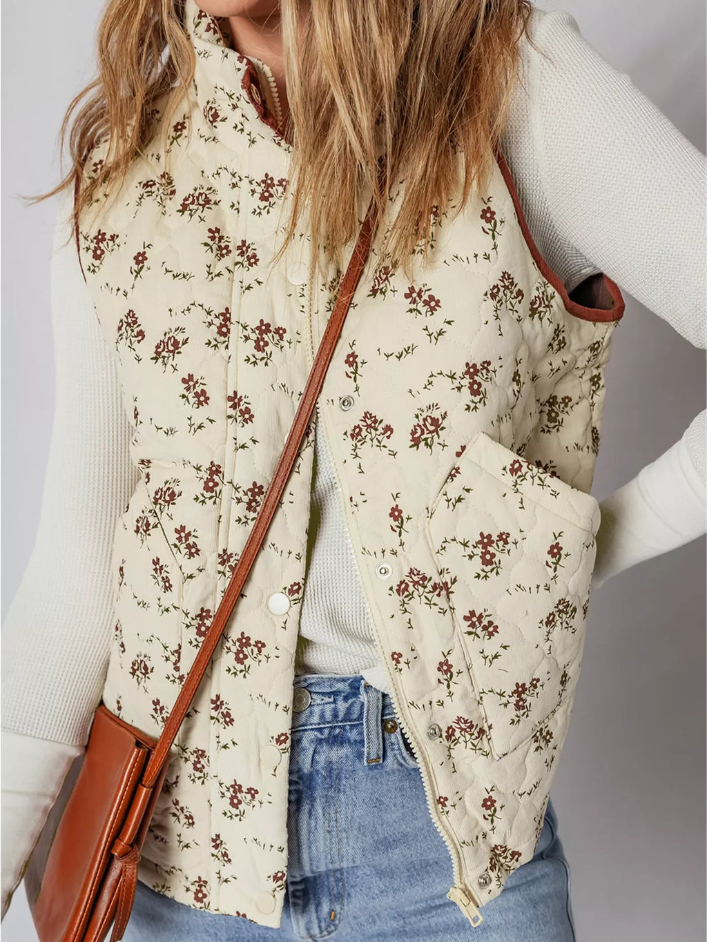 Floral Print Zip Up Quilted Vest