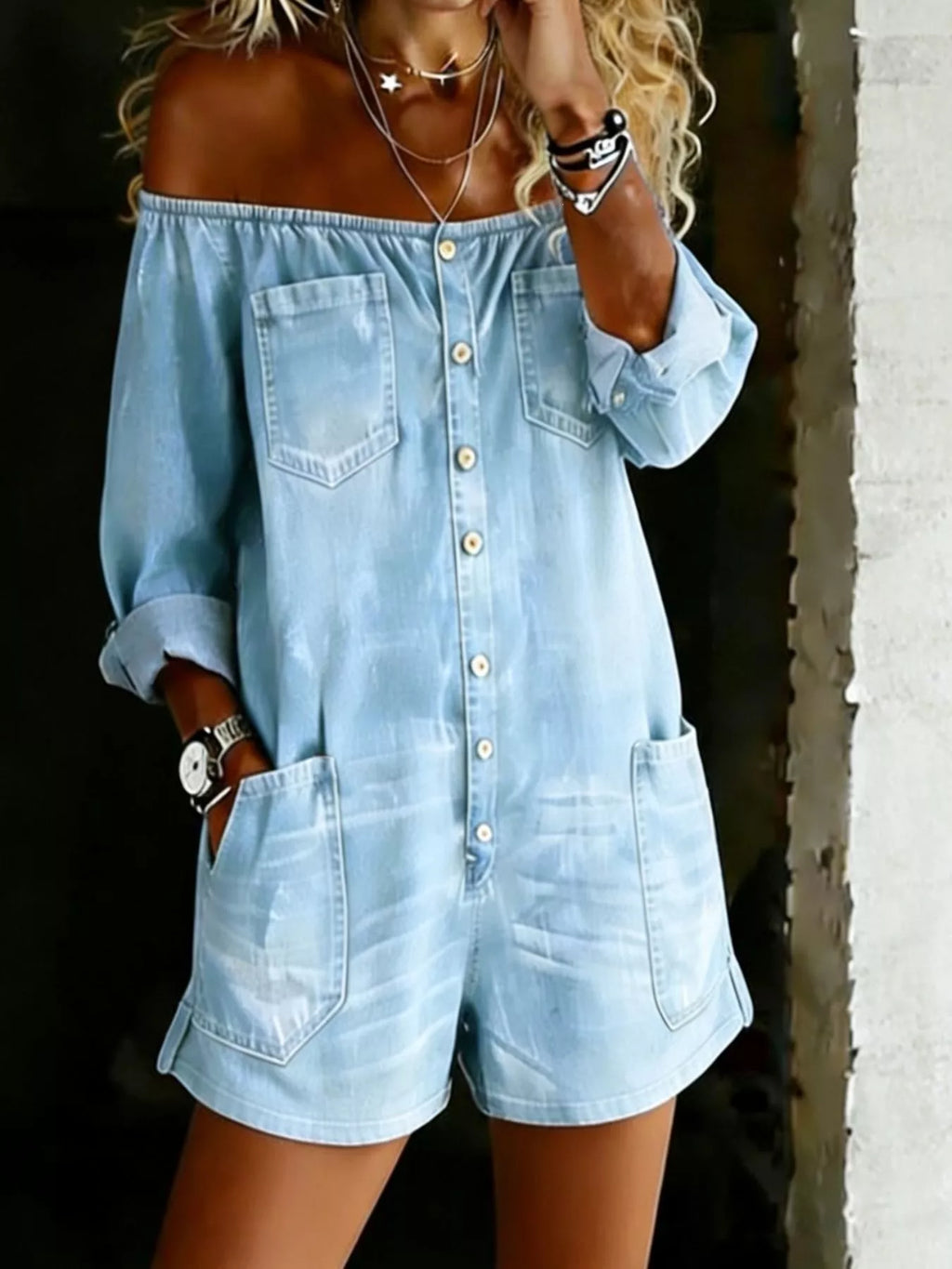 Full Size Button-Down Front Off Shoulder Romper Plus Size