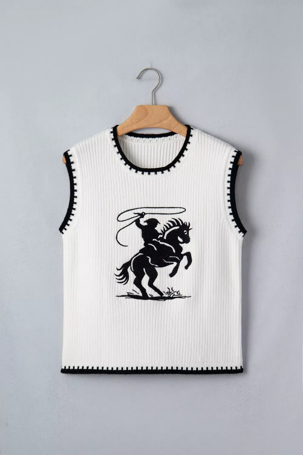 Contrast Trim Round Neck Rodeo Cowboy Sweater Vest
